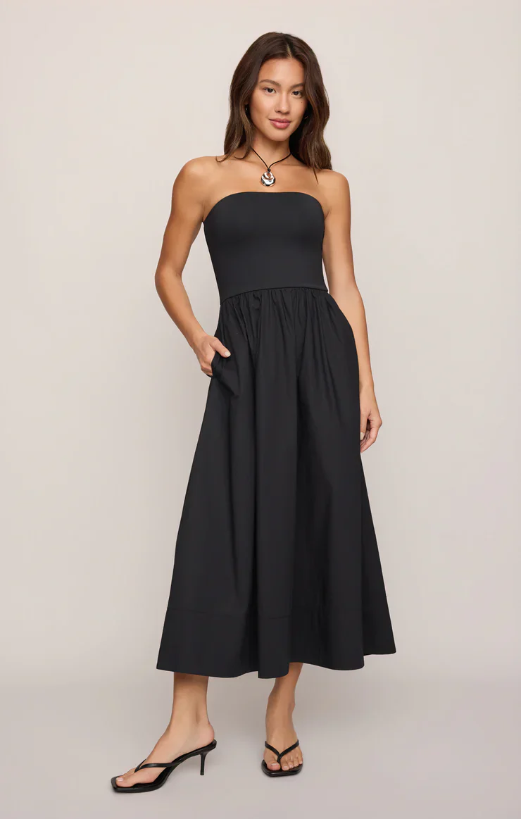 SUNSOUGHT STRAPLESS MIDI DRESS - BLACK